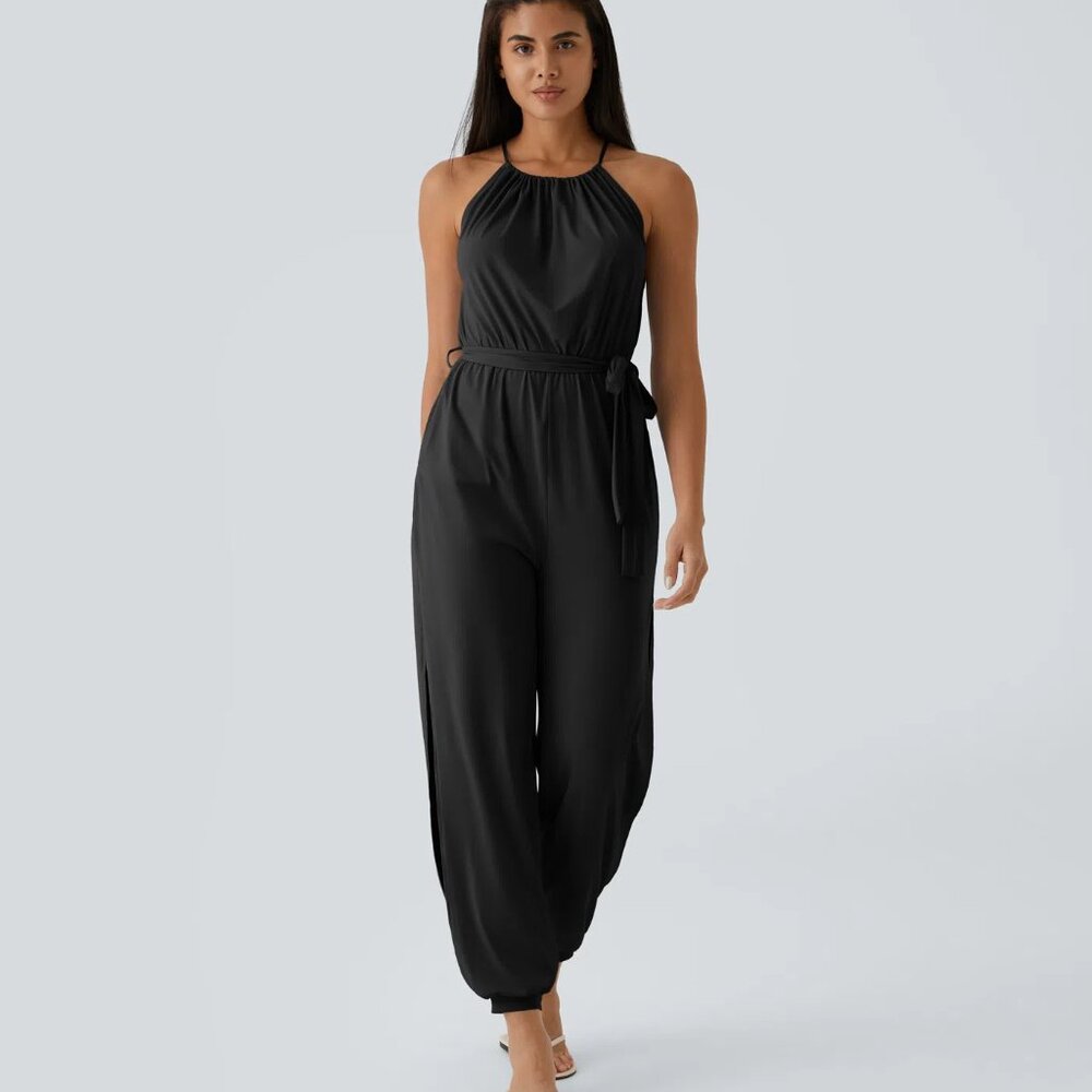 HALARA Sleeveless Tie Back Belted Side Pocket Cut Out Cool Touch Jumpsuit-UPF50+ - Picture 5 of 7